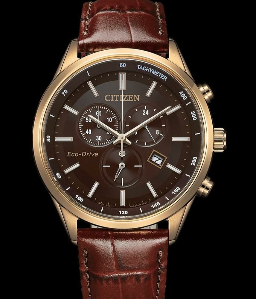 星辰 Citizen Eco-Drive AT2573-07X 黑色三眼計時錶盤玫瑰金色不鏽鋼皮革錶帶男士光動能手錶 42mm Eco-Drive Gents Watch Brown Dial