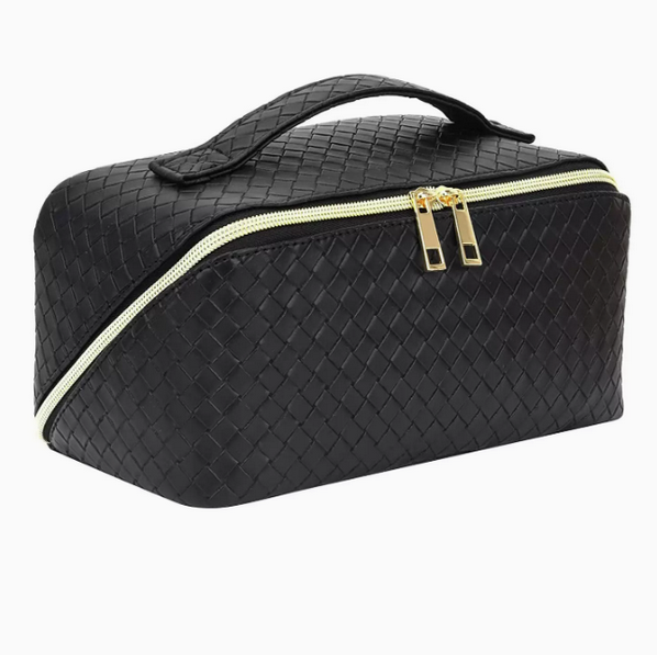 Hot push large capacity leather waterproof travel cosmetic bag (black size 12.9cm*11.9cm*24.8cm)