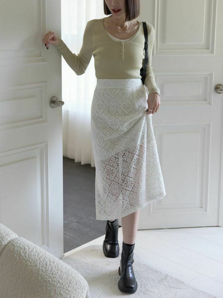 鏤空蕾絲後鬆緊長裙