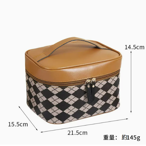 Hot push waterproof travel black and white check toiletry bag (brown diamond checkered size: 21.5cm*15.5cm*14.5cm)