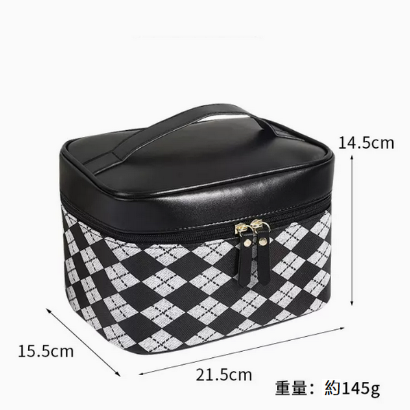 Hot push waterproof travel black and white check toiletry bag (black diamond checkered size: 21.5cm*15.5cm*14.5cm)