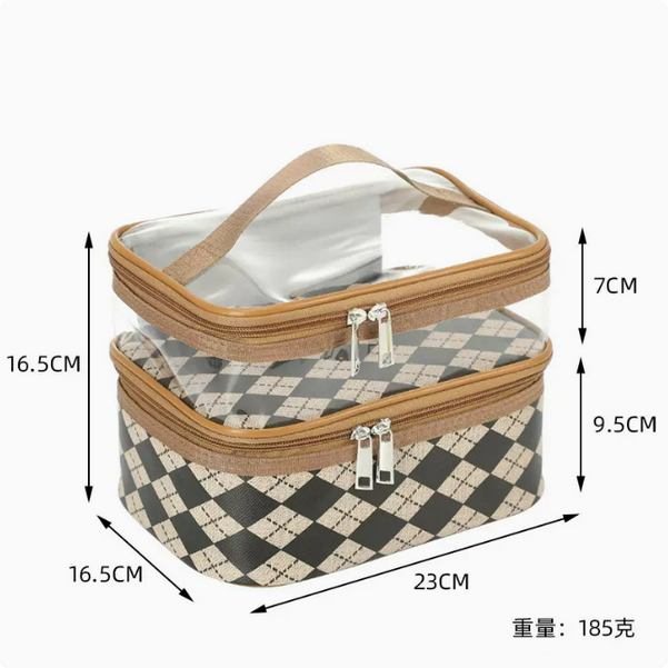 Hot push waterproof travel black and white check toiletry bag (double leather print [coffee diamond check] size 23cm*16.5cm*16.5cm)