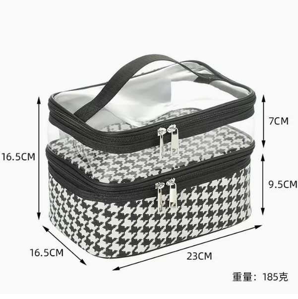 Hot push waterproof travel black and white check toiletry bag (double leather print [black houndstooth] size 23cm*16.5cm*16.5cm)