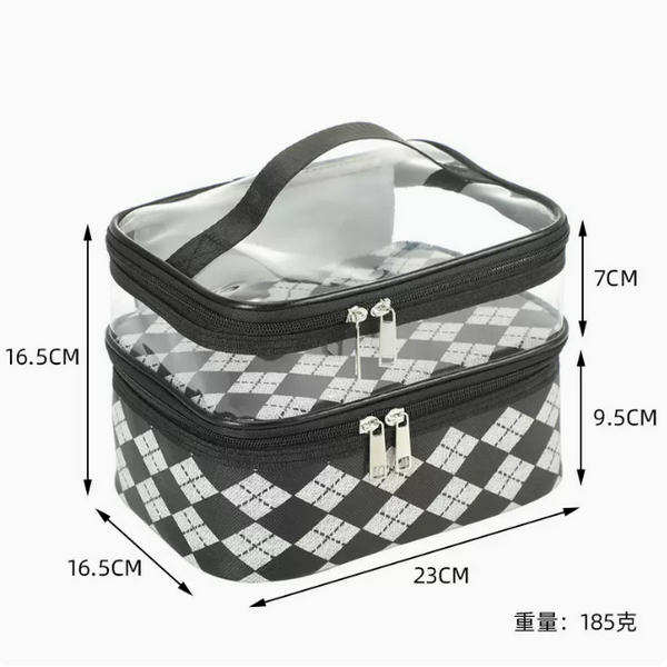 Hot push waterproof travel black and white check toiletry bag (double leather print [black diamond check] size 23cm*16.5cm*16.5cm)