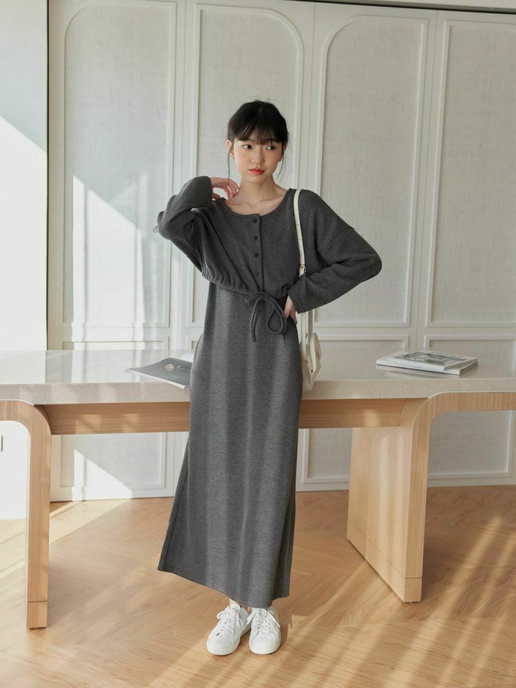圓領綁帶側開叉長洋套裝