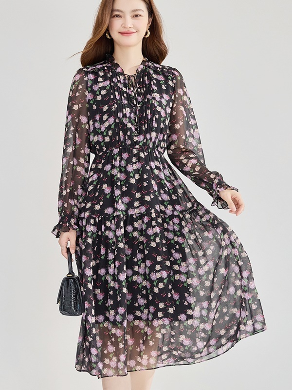 木耳領碎花雪紡洋裝 黑色