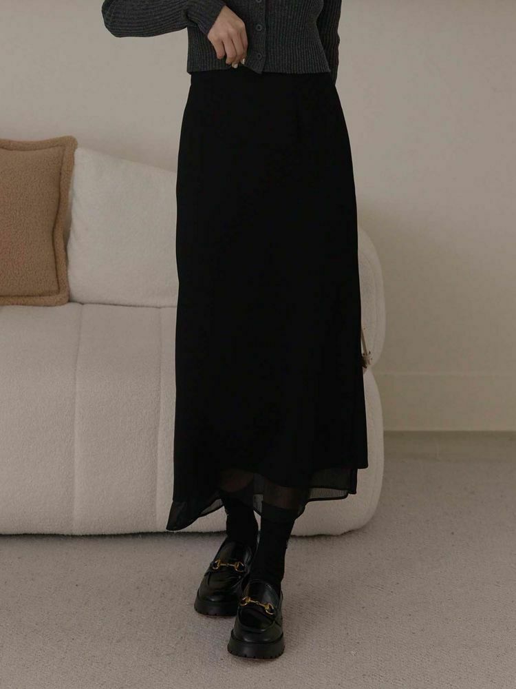 木質紋雙層雪紡高腰裙