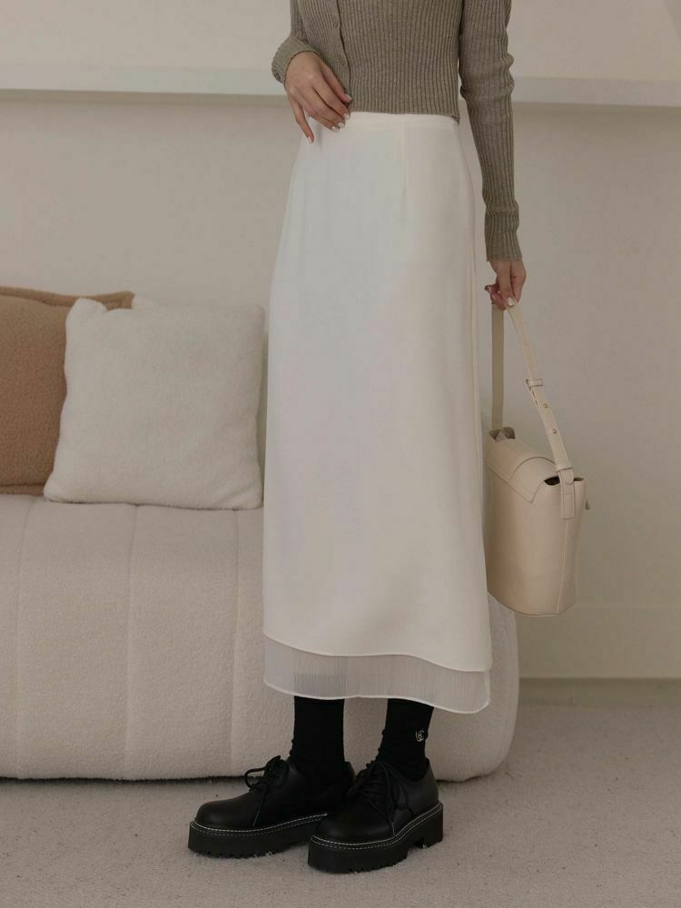 木質紋雙層雪紡高腰裙