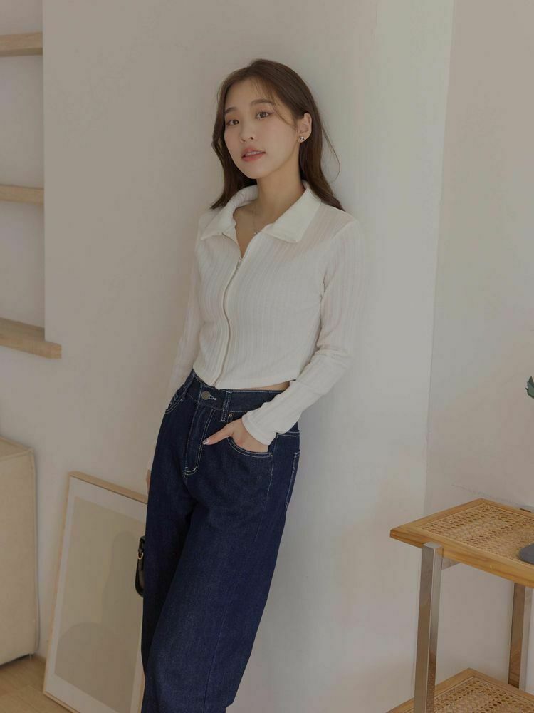 簡約坑紋短版拉鍊上衣