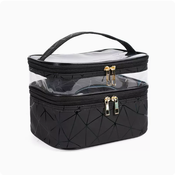 Popular transparent double-layer waterproof hand-on makeup bag (diamond black, size: length 23cm, width 17cm, height 16cm)