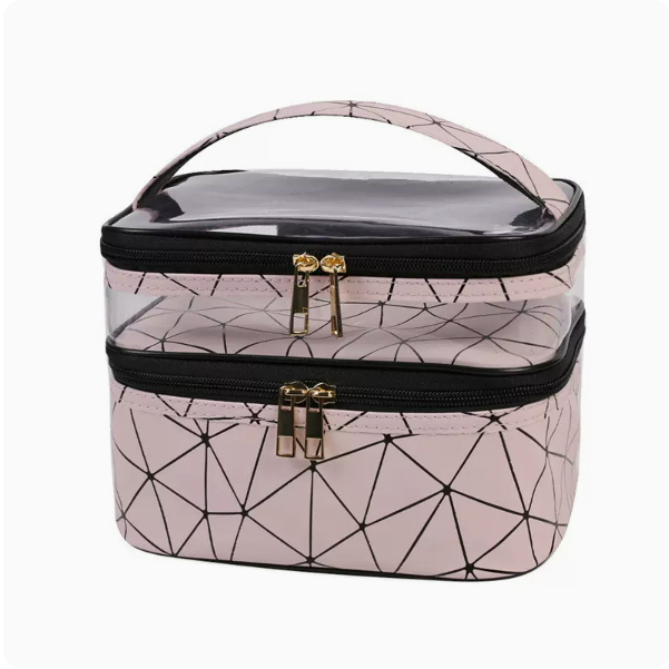 Popular transparent double-layer waterproof hand-held cosmetic bag (diamond powder, size: length 23cm, width 17cm, height 16cm)