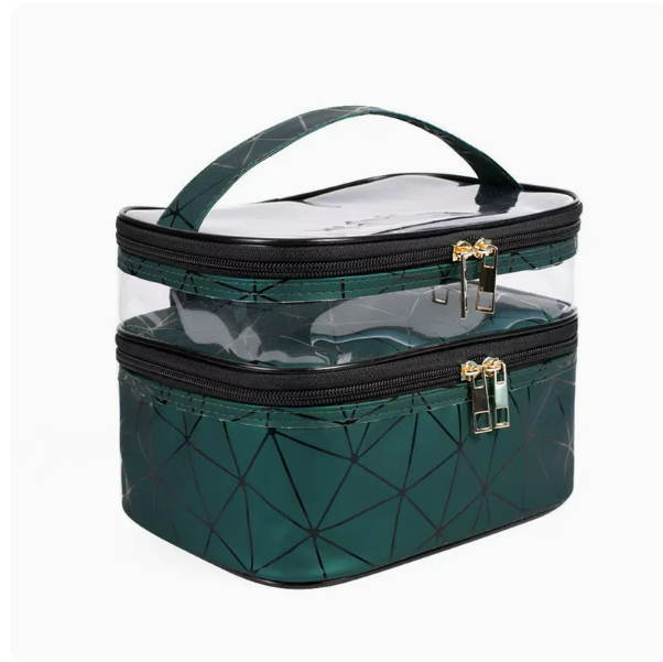 Popular transparent double-layer waterproof hand-made pouch (diamond green, size: length 23cm, width 17cm, height 16cm)