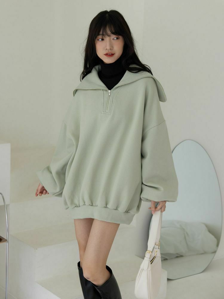 翻領拉鏈落肩刷毛小洋裝