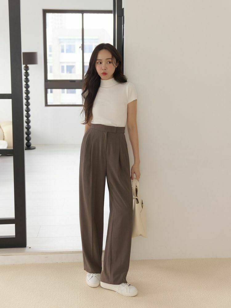 高腰側釦彈性落地西褲