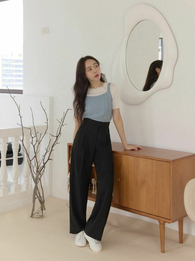 高腰側釦彈性落地西褲