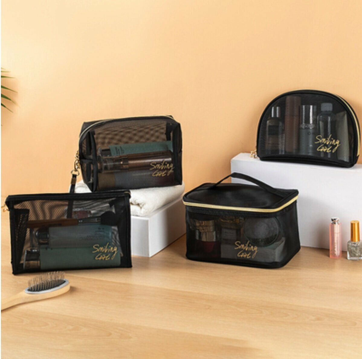 Popular transparent mesh travel storage toiletry bag (handbag + semi-circle bag + triangle + octagonal bag)