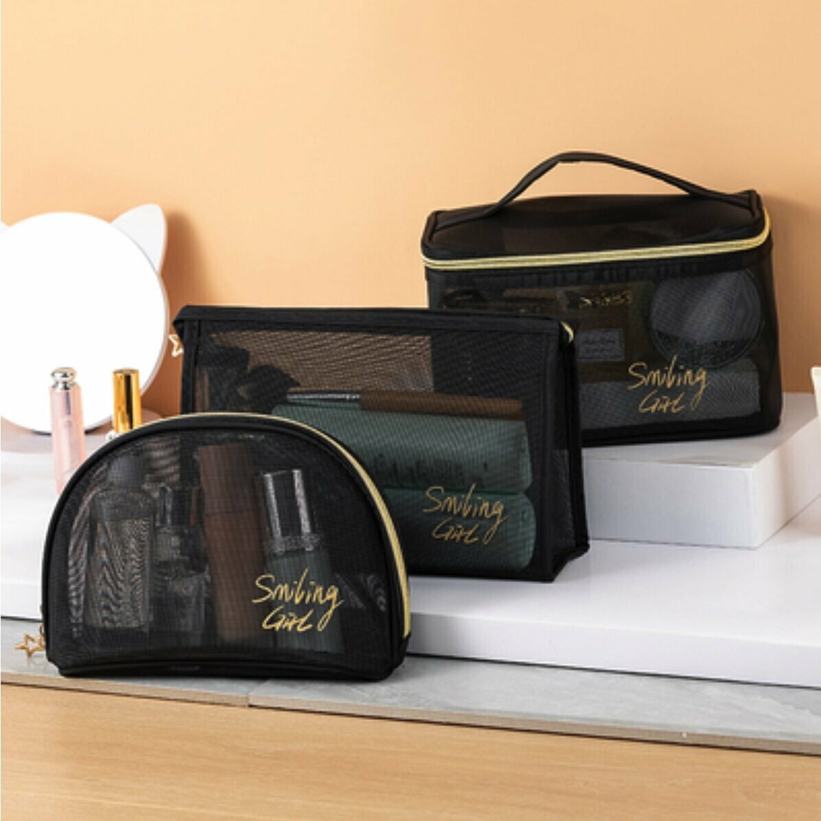 Popular transparent mesh travel storage toiletry bag (handbag + semi-circle bag + triangle model)