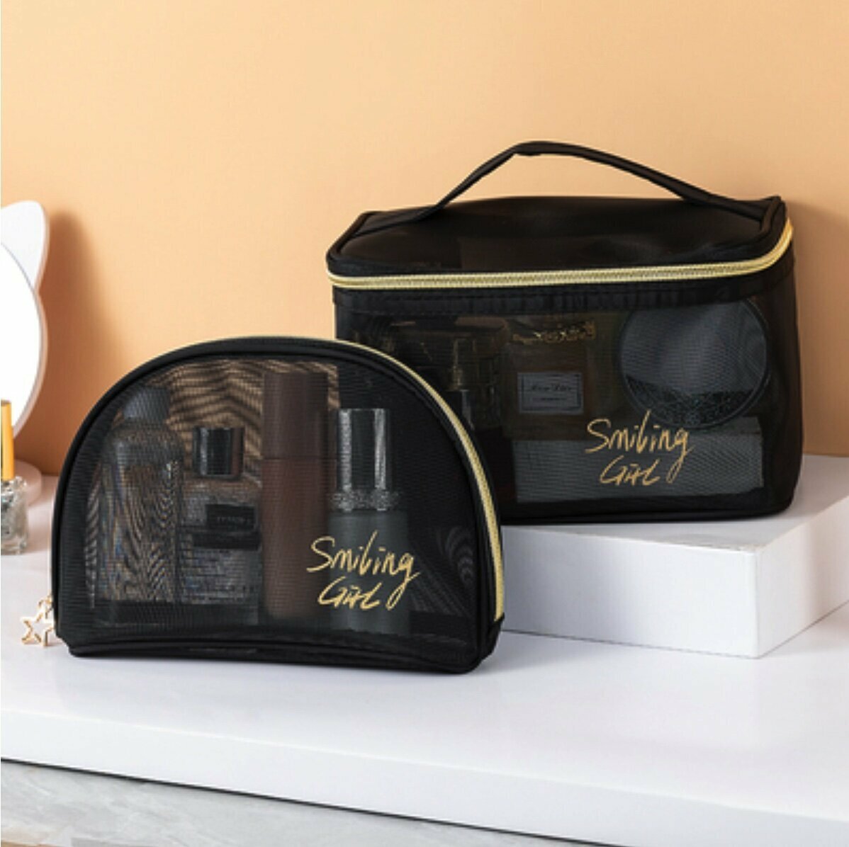 Popular transparent mesh travel storage toiletry bag (handbag + semi-round bag)
