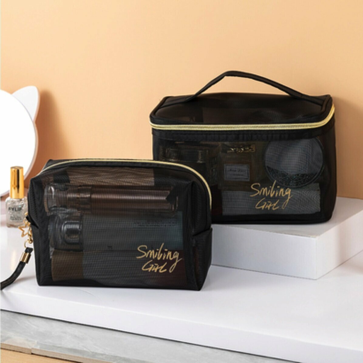 Popular transparent mesh travel storage toiletry bag (handbag + octagonal bag)