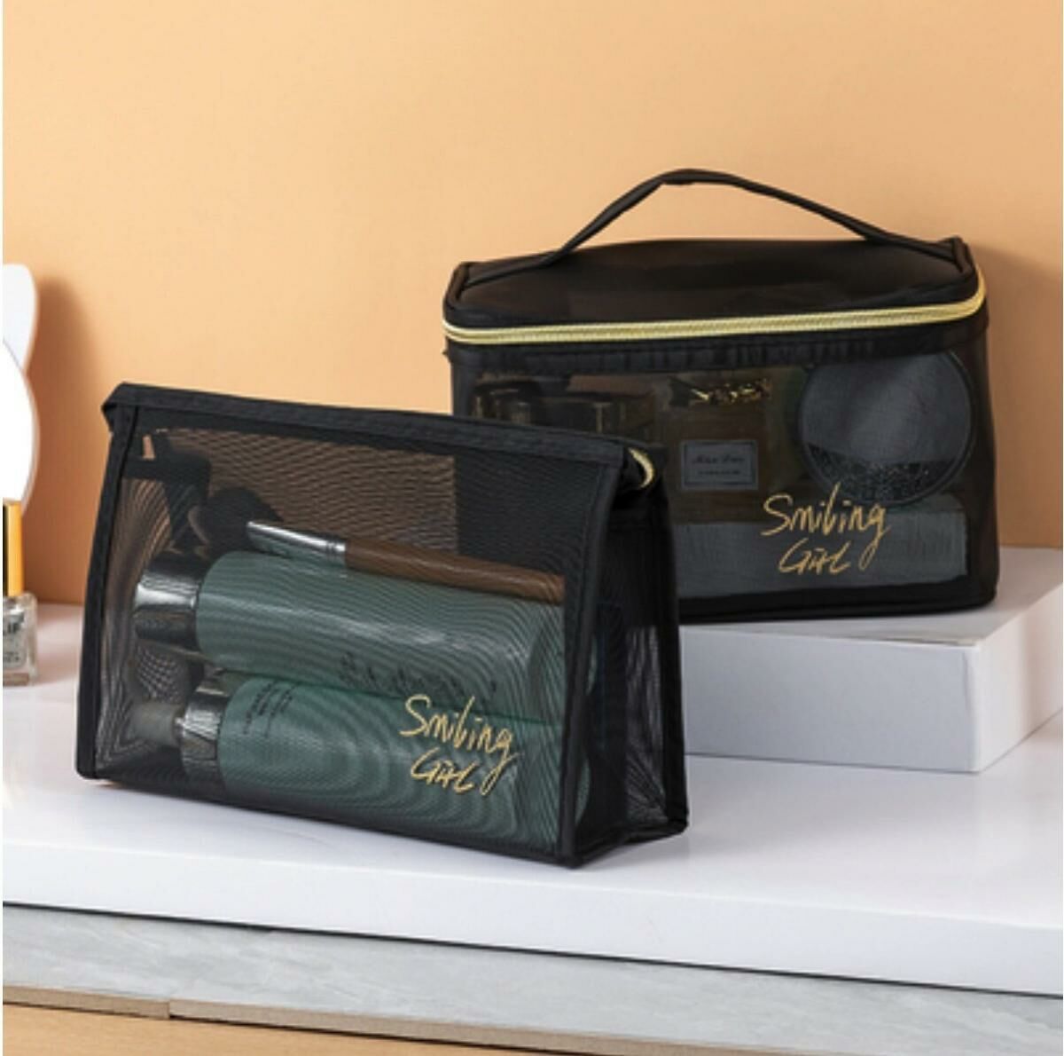 Popular transparent mesh travel storage toiletry bag (handbag + triangle model)