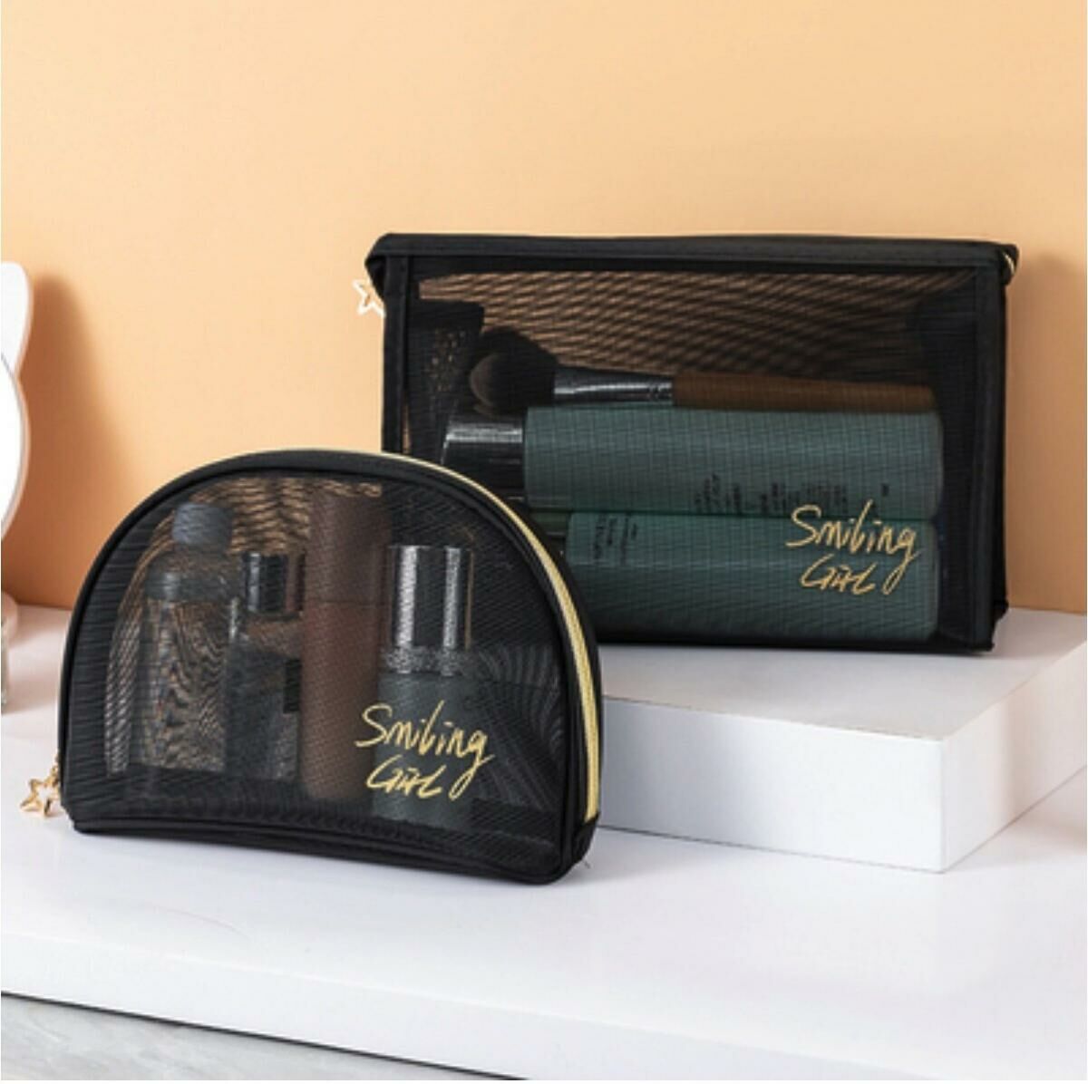 Popular transparent mesh travel storage toiletry bag (semi-round bag + triangle model)