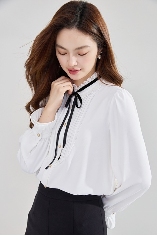 木耳領褶線雪紡襯衫 白色