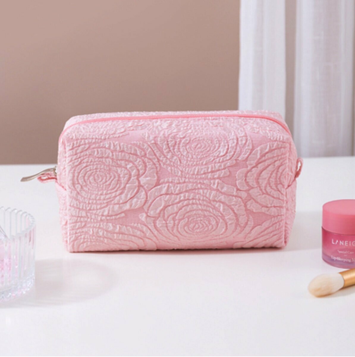 Explosive temperament cosmetic bag storage bag (pink octagonal bag, rose bubble jacquard, length 19cm, height 11cm, width 8.5cm)