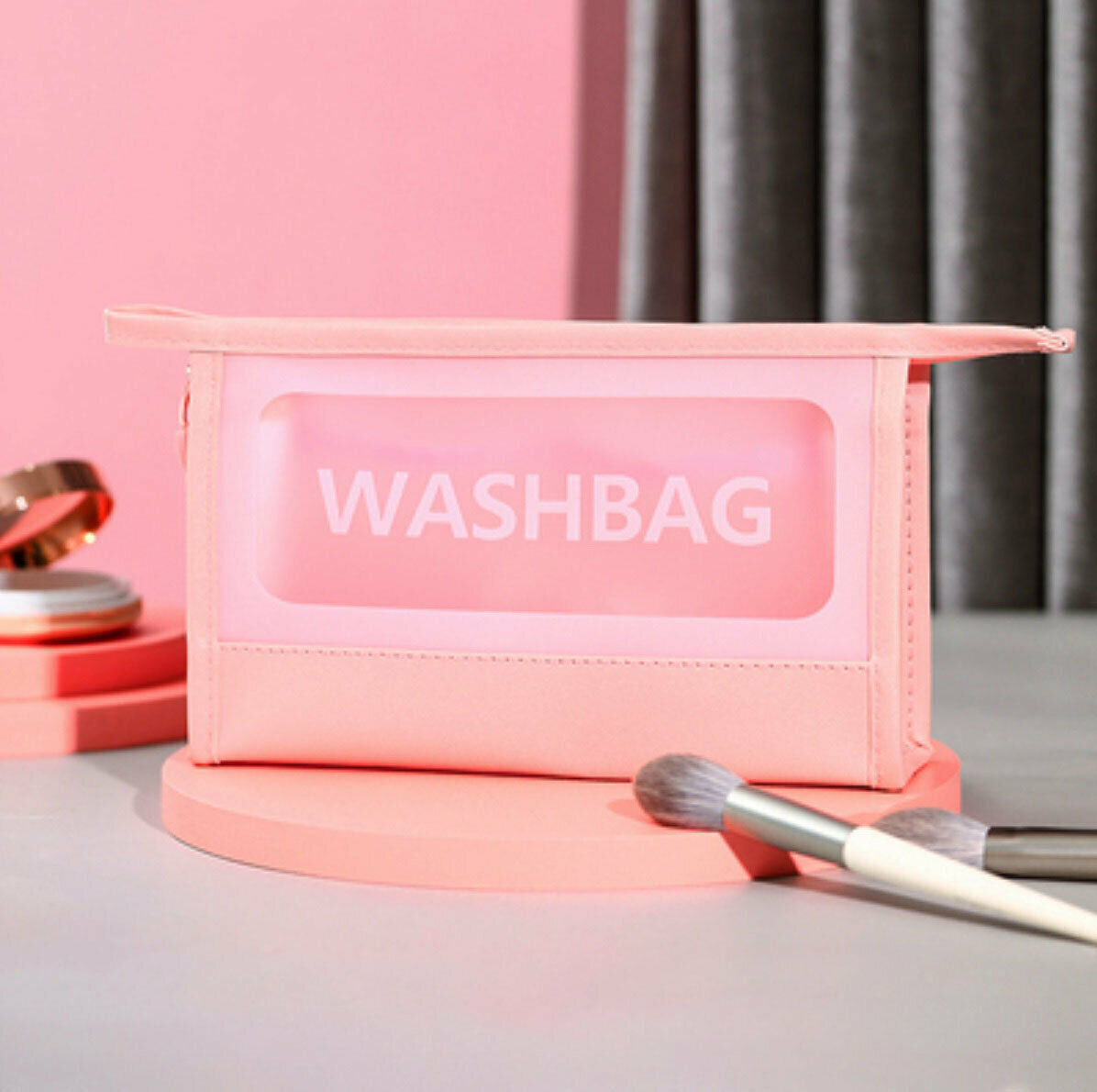 Popular large-capacity travel transparent waterproof cosmetic bag (pink large, length 27cm, width 7cm, height 17cm)