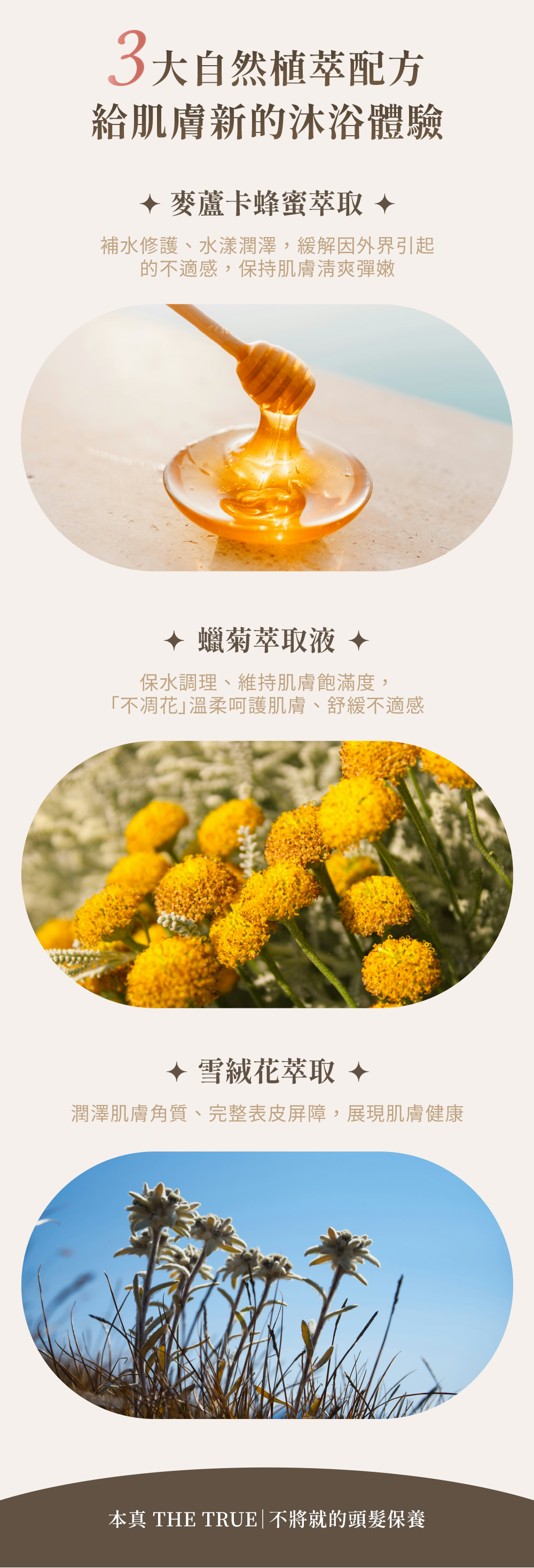 3大自然植萃配方：麥蘆卡蜂蜜萃取、蠟菊萃取液、雪絨花萃取，可補水修護、潤澤肌膚角質，緩解不適感