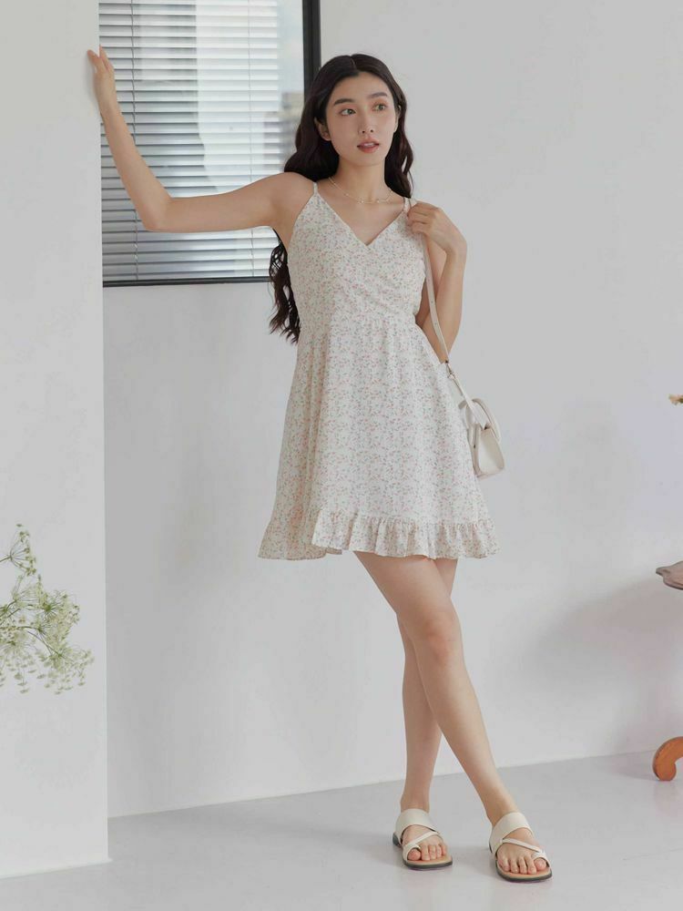 V領碎花荷葉邊短洋