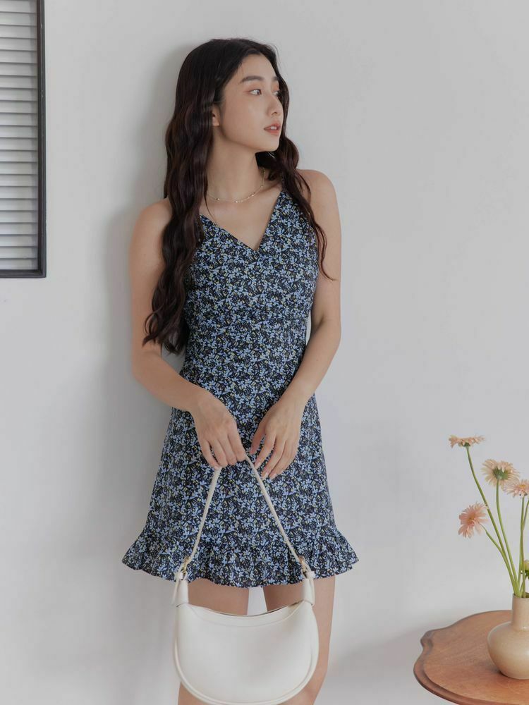 V領碎花荷葉邊短洋