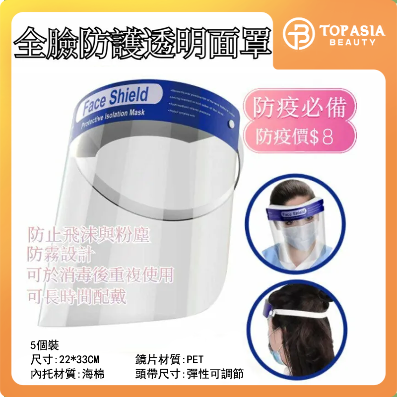 全城熱賣 - 醫護級防飛沫防護面罩 5個裝