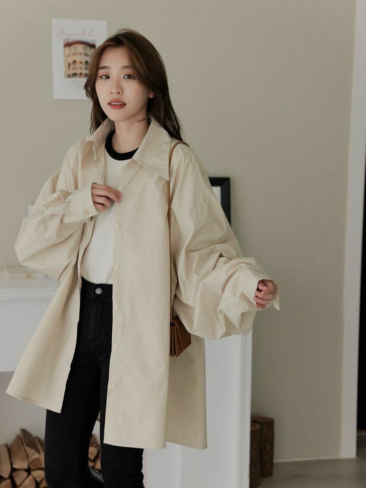 寬鬆尖領排釦襯衫外套