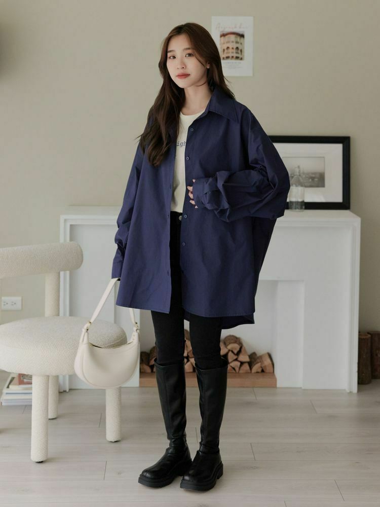 寬鬆尖領排釦襯衫外套