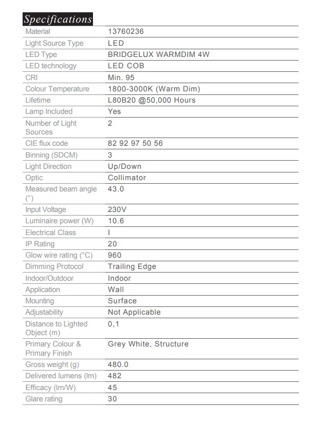 MODULAR 13760236 LED 10.6W CHIVAL 牆向上/向下調暗至溫暖 1800-3000K 灰白色