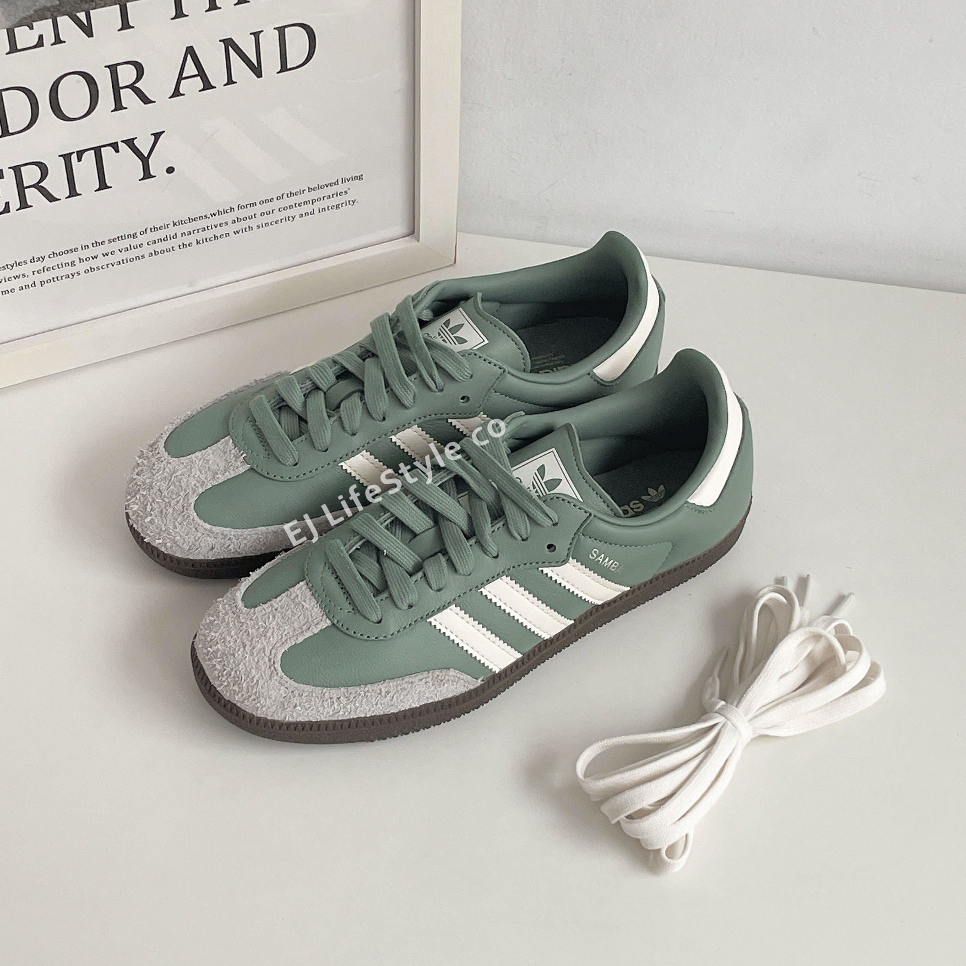 ADIDAS SAMBA OG 抹茶灰綠 奶油白 綠白 麂皮 焦糖底 男鞋 JI1866 / 現貨