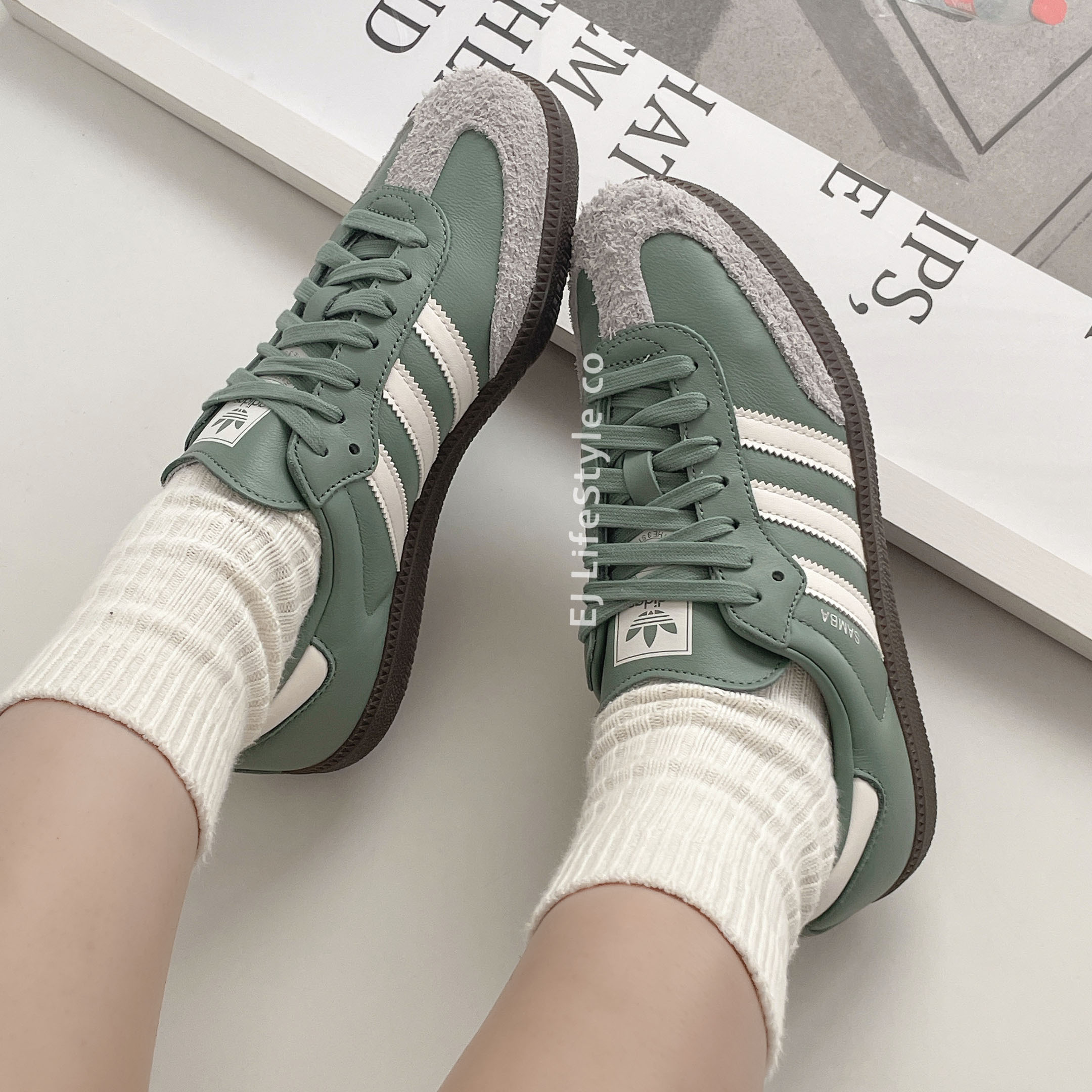 ADIDAS SAMBA OG 抹茶灰綠 奶油白 綠白 麂皮 焦糖底 男鞋 JI1866 / 現貨