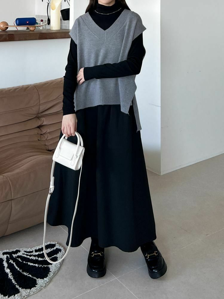 小高領拼接口袋親膚長洋