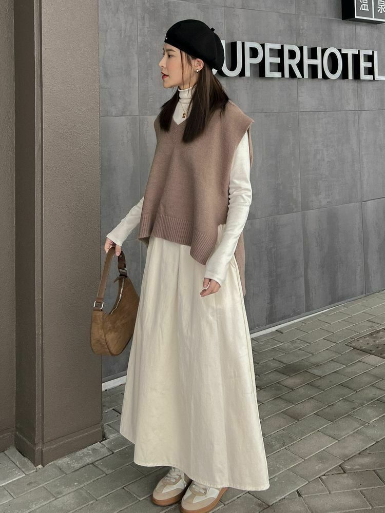 小高領拼接口袋親膚長洋