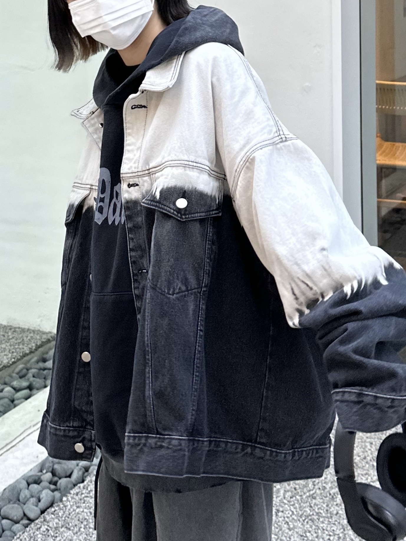 【HERETICS STUDIO 】韓國 고품질 黑白 拼接 撞色 水洗 牛仔外套 寬鬆 長袖 外套