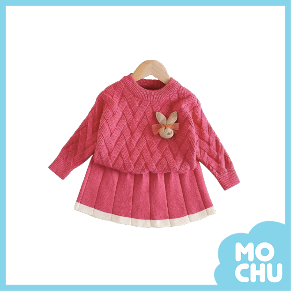 小兔交叉粗針織百摺裙套裝(二色)