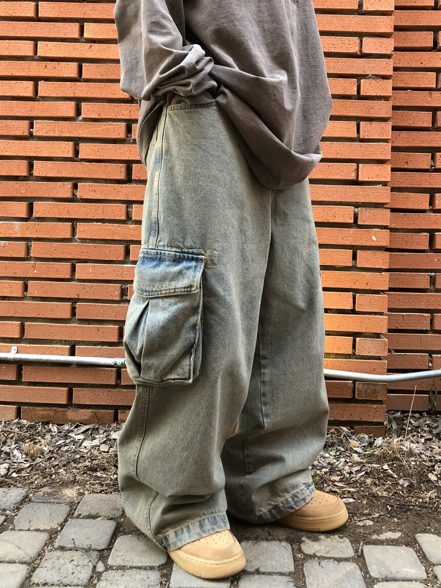 【HERETICS STUDIO 】韓國 고품질 復古 水洗 做舊 口袋 寬鬆 落地 牛仔 長褲