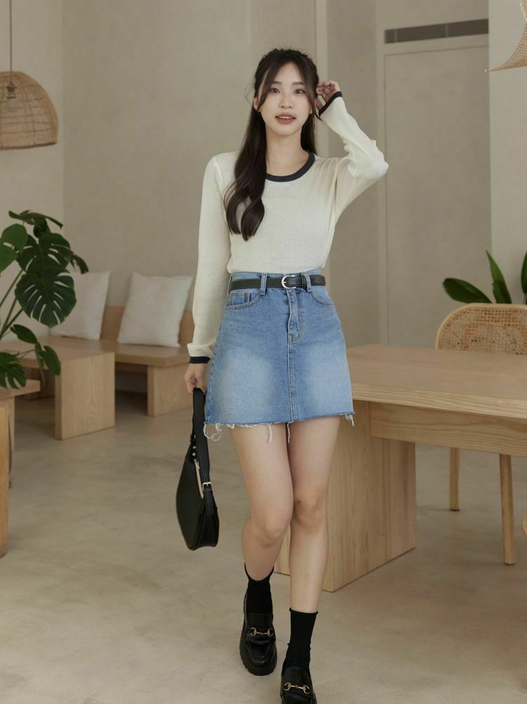 水洗抽鬚A字牛仔短裙