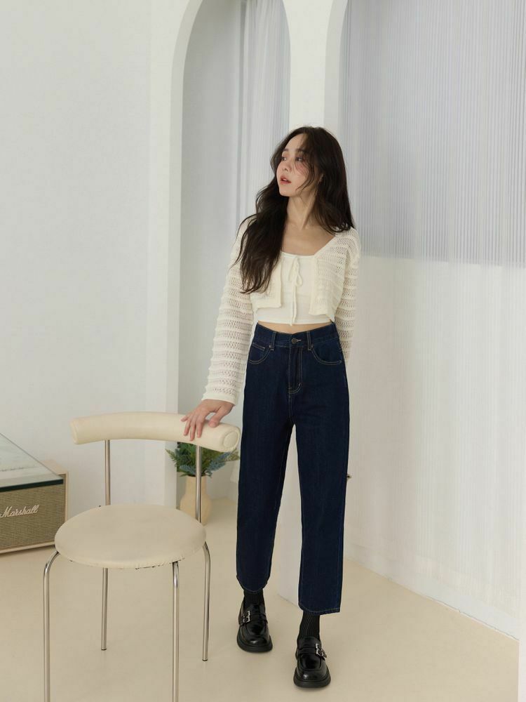 自訂 極顯瘦深藍原色法棍褲