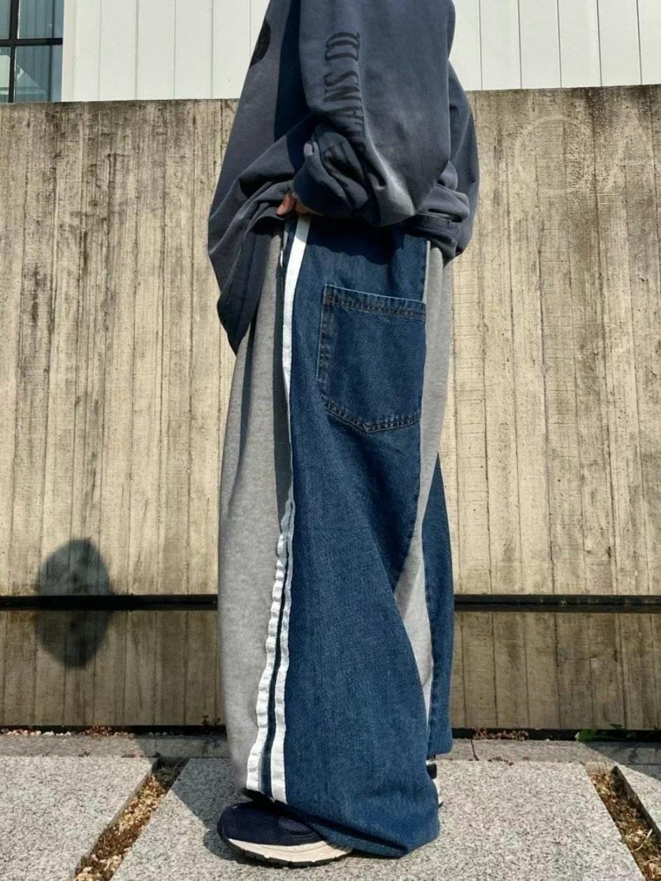 【HERETICS STUDIO 】韓國 고품질 雙色 拼接 撞色 牛仔布 純棉 寬鬆 落地 牛仔棉 長褲