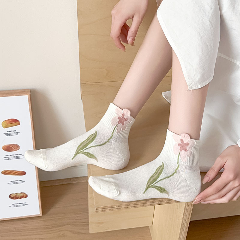 [3 FOR RM10] Knitted Pink Floral Mid-Calf Socks