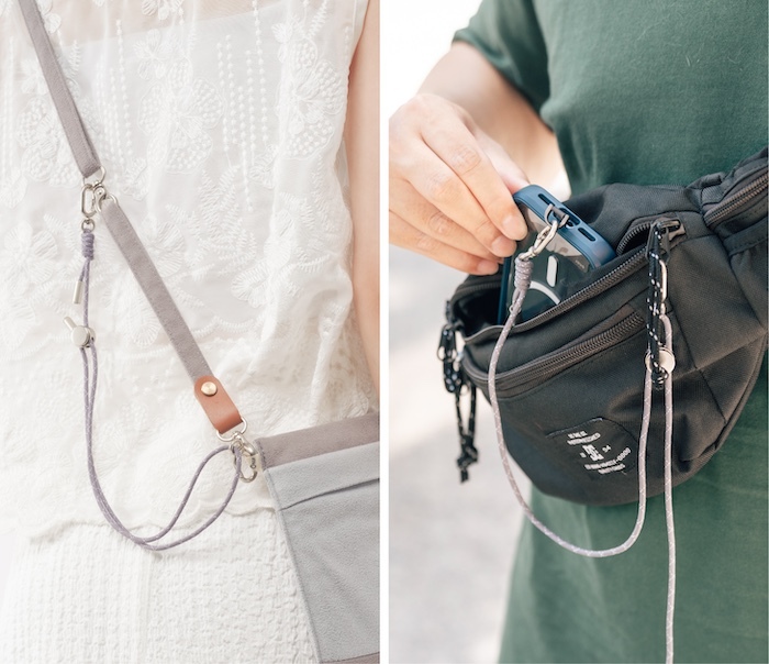 連結繩扣在手繩跟包包上示意