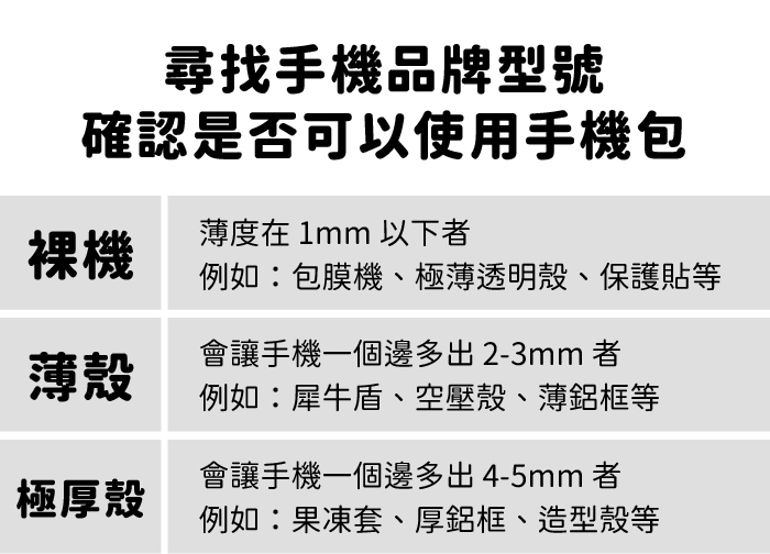 尋找手機品牌型號,確認是否可以使用手機包