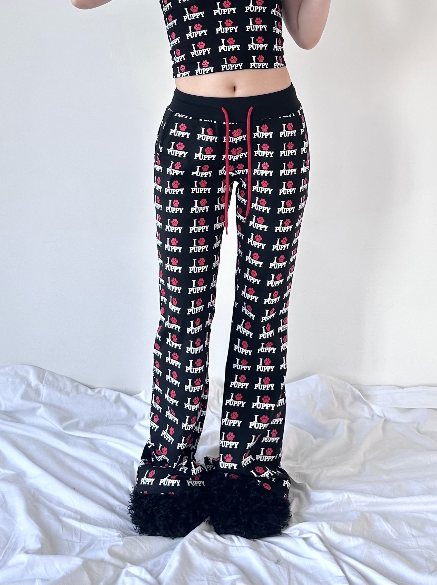 ArtByTastybabe 滿版我愛小狗 顯瘦微喇叭 運動休閒褲