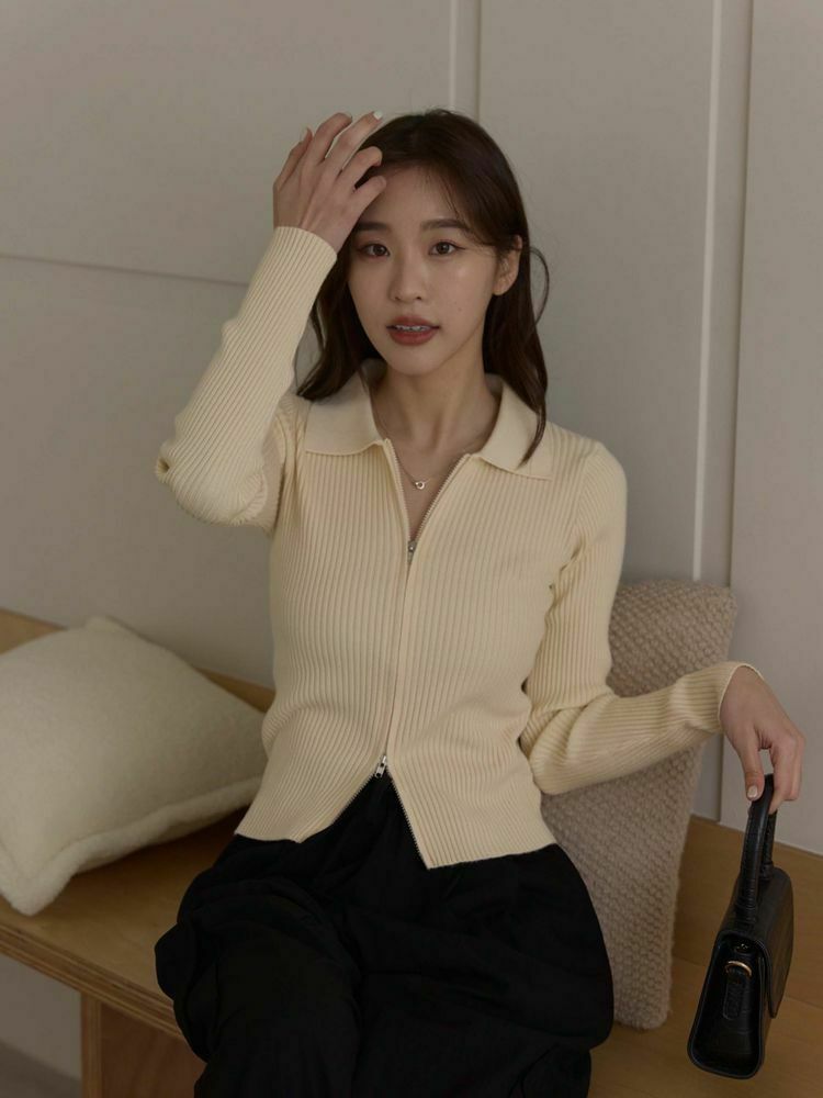 雙拉鍊彈性小領針織